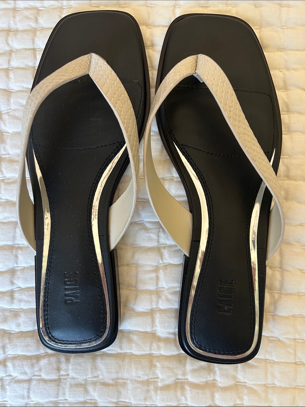 Paige Snake Embossed Calf Leather Black & Cream Square-Toe Flip Sandals